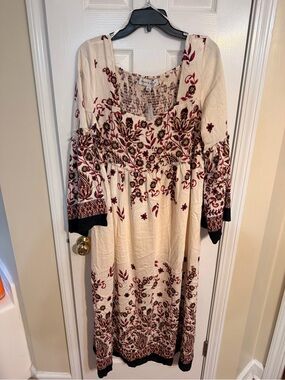 Emma & Michele Ivory Maxi Dress with Burgundy Floral Embroidery